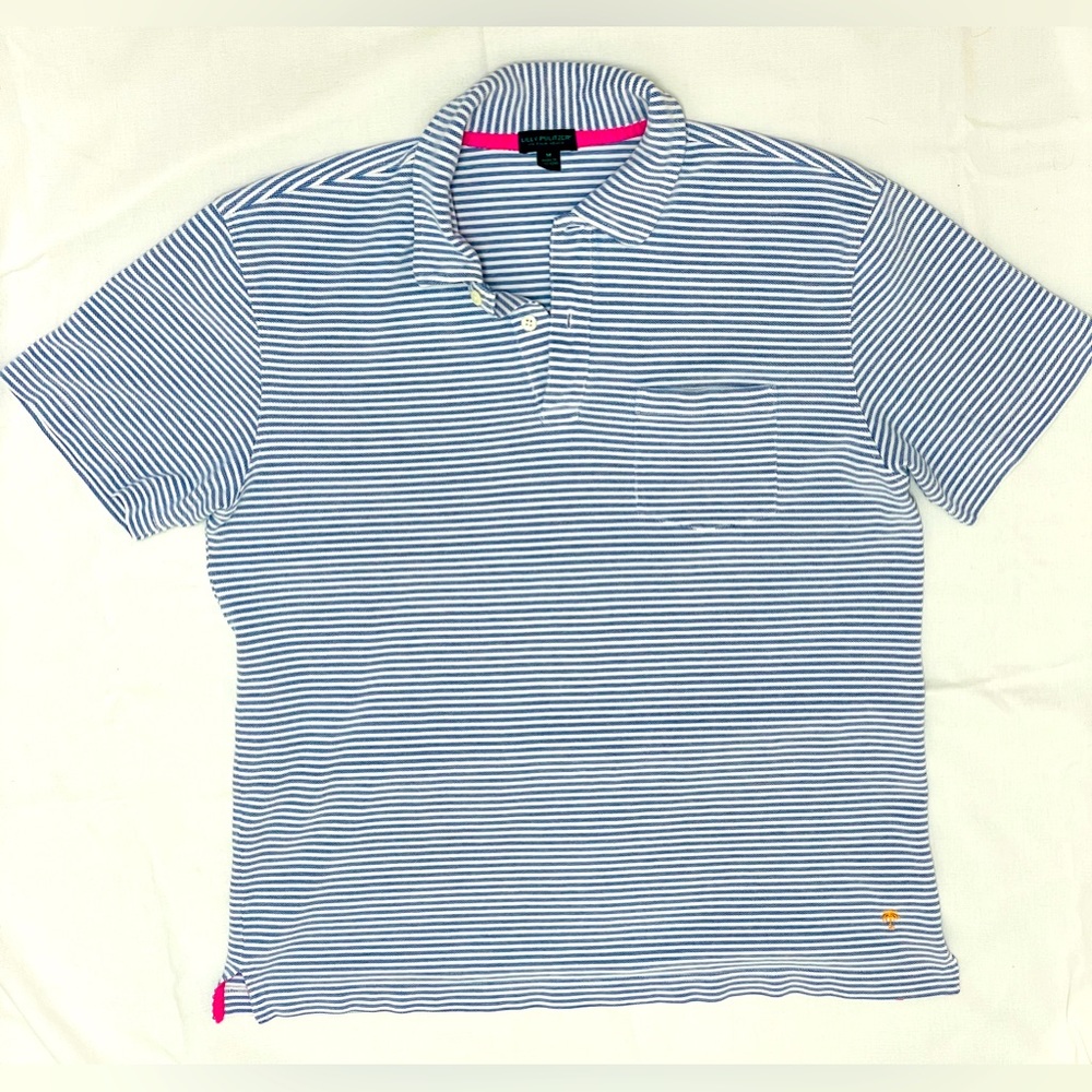 Men’s Lilly Pulitzer via Palm Beach, M, Blue & White pinstripe short sleeve polo